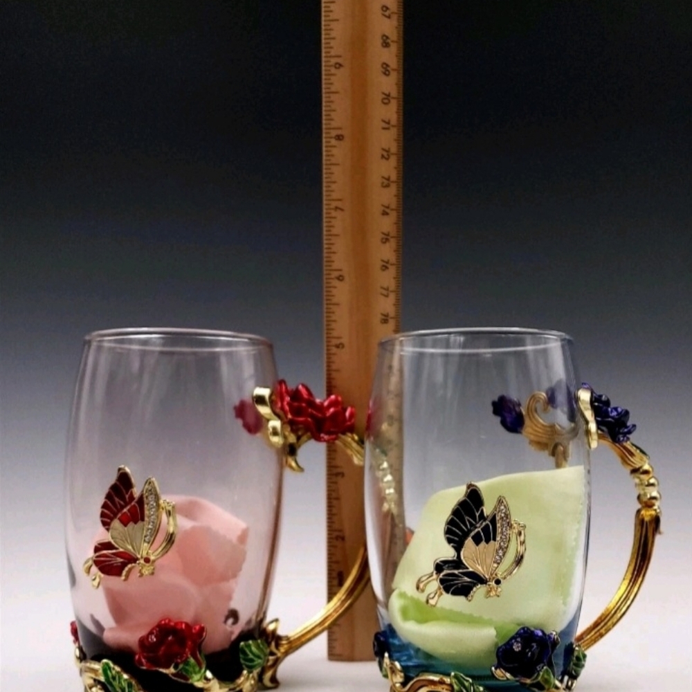 Brew To A Tea Btat- Floral Glass Tea Cups Spoon Lid Set Pack Of 2 11 Oz Blue NIB - Picture 7 of 16